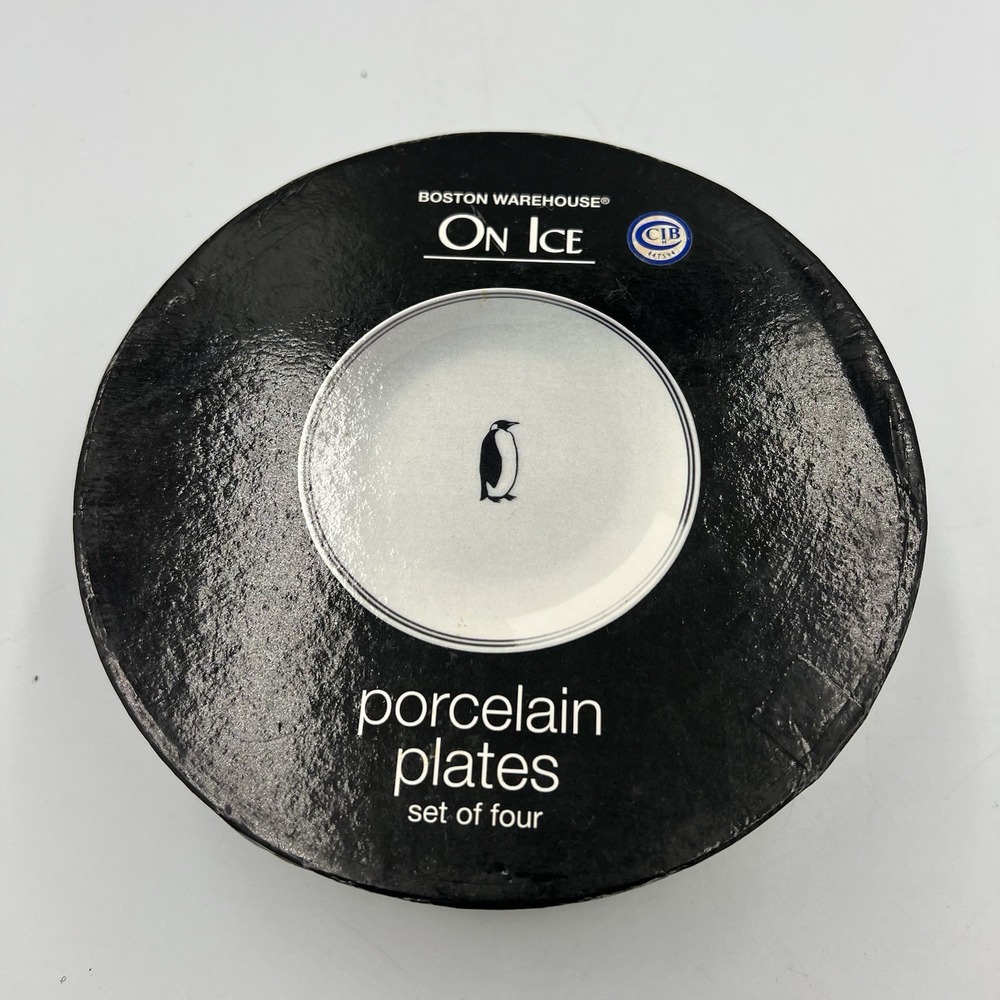 Boston Warehouse On Ice Penguin Porcelain Plates Set of 4 w/ Box NOS